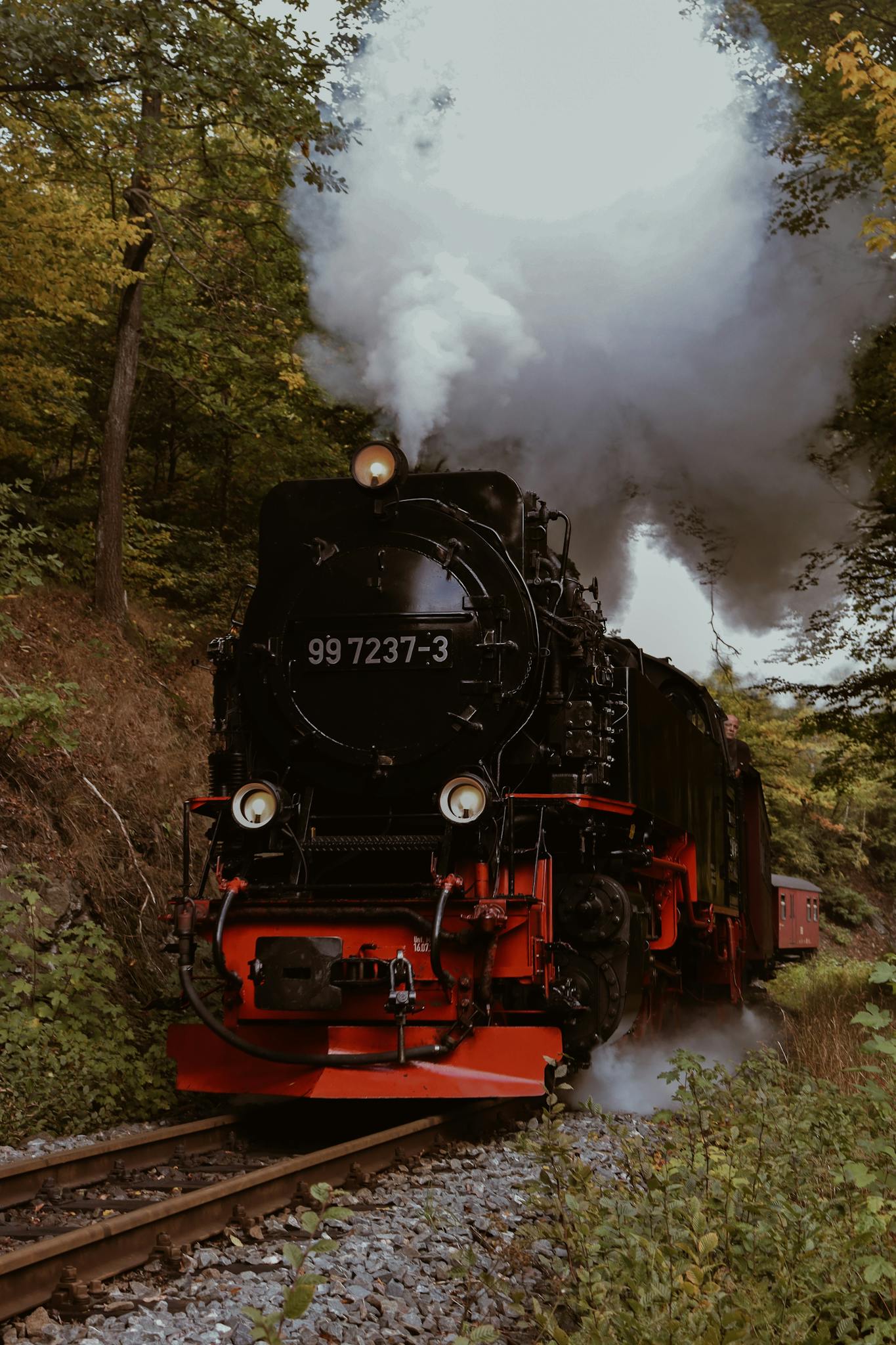 A nostalgic steam train emits smoke while traveling through a vibrant autumn forest in Harz, Germany.